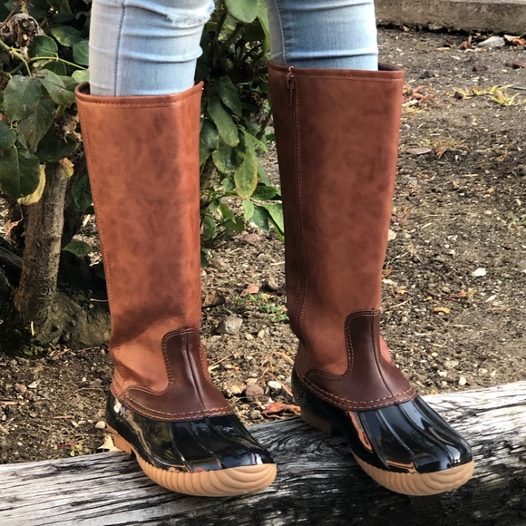 Vegan Leather tan and Black Tall Duck Rain Boots - Picture 6 of 8